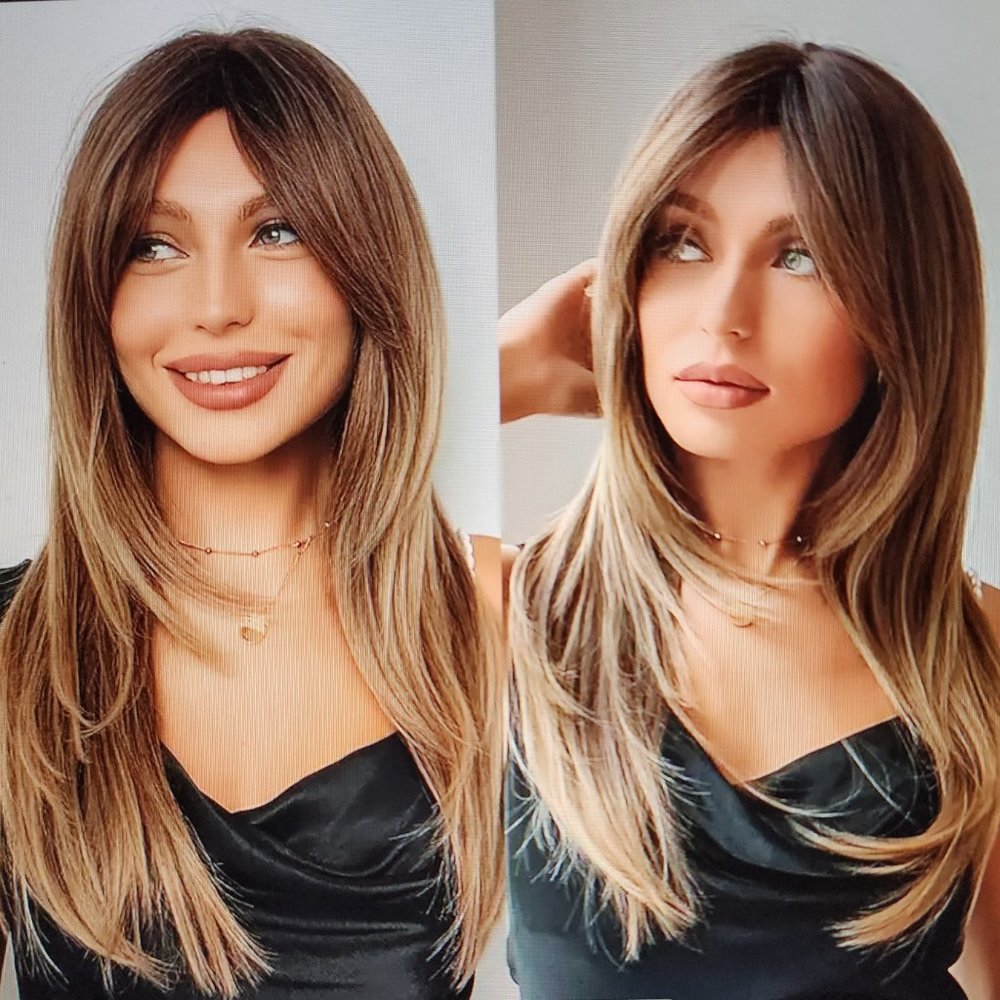 New 18” Ombre Brown Hair Topper with Curtain Bangs